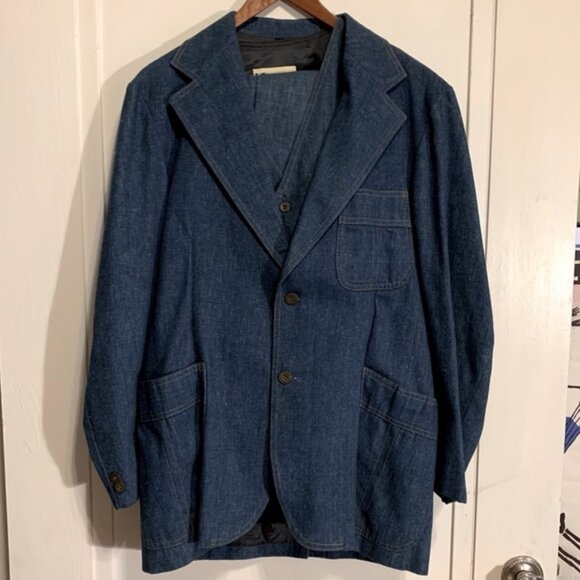 Vintage Levi's Panatela Blue Denim 3 Piece Suit Set (Sports Coat, Vest & Jeans) - Picture 1 of 16